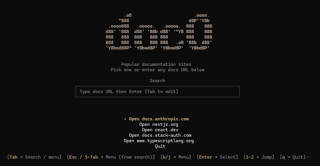 The doc0 TUI — a terminal showing the ASCII 'docs' logo above a list of popular documentation sites
